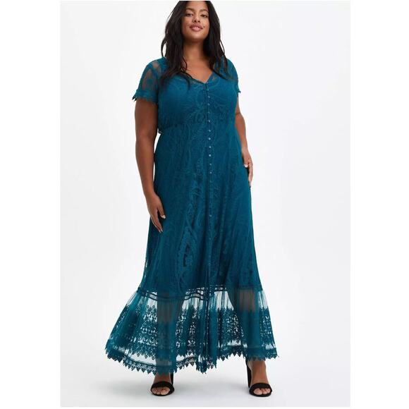 NWT Torrid Blue Maxi Lace Button-Front Skater V-Neck Dress Plus Size: 0X (12) - Picture 1 of 5